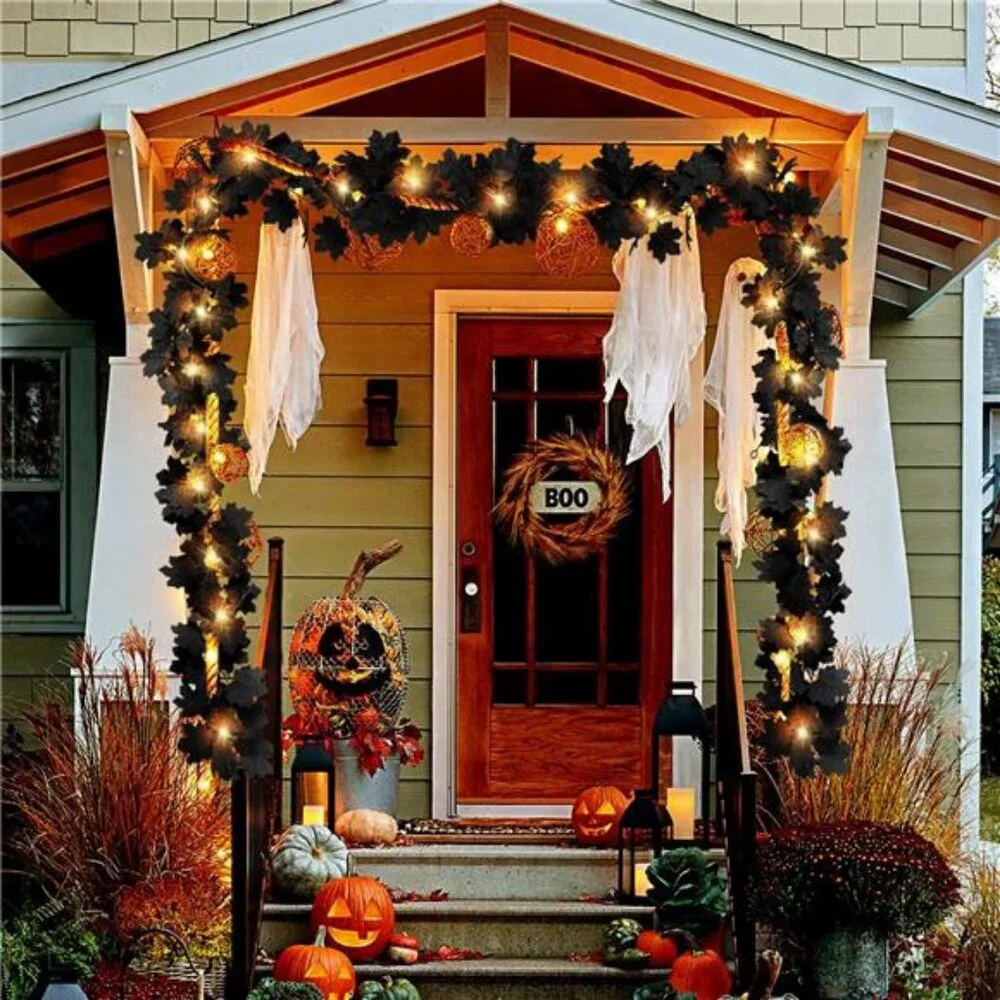 Black Leaf Garland with Yellow Lights, 2 Pack Halloween Artificial Hanging Fall